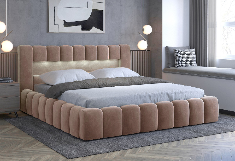 Manželská postel 140 cm Luxa (světlohnědá) (s roštem, úl. prostorem a LED)
