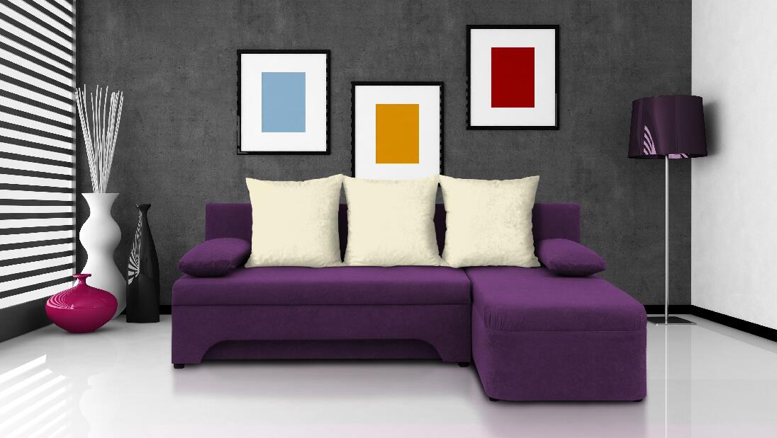 Rohová sedačka Saline fialová + krémové polštáře (1 úložný prostor, pěna)