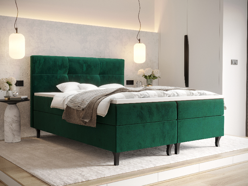 Manželská postel Boxspring 180 cm Lumba (tmavě zelená) (s matrací a úložným prostorem)