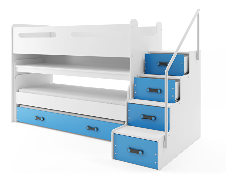 Patrová postel 80 x 200 cm Moxxo 1 (bílá + modrá) (s rošty, matracemi a úl. prostorem)