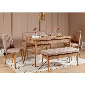 Rozkládací jídelní stůl se 2 židlemi a 2 lavicemi Vlasta (borovice antlantic + šedá)