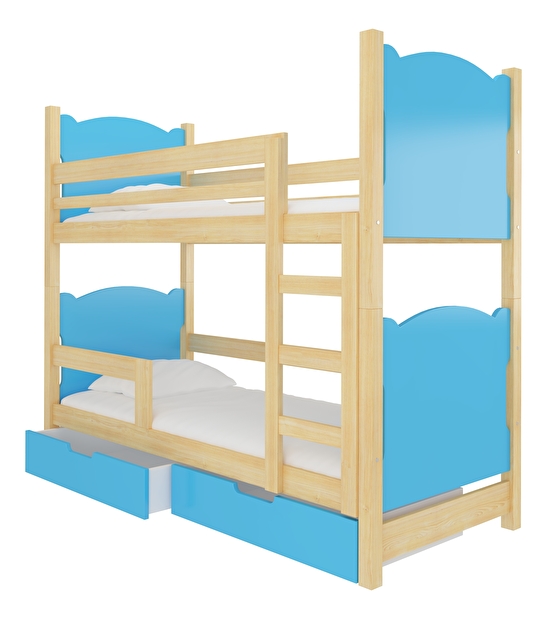 Patrová dětská postel 180x75 cm Marryann (s roštem a matrací) (borovice + modrá)