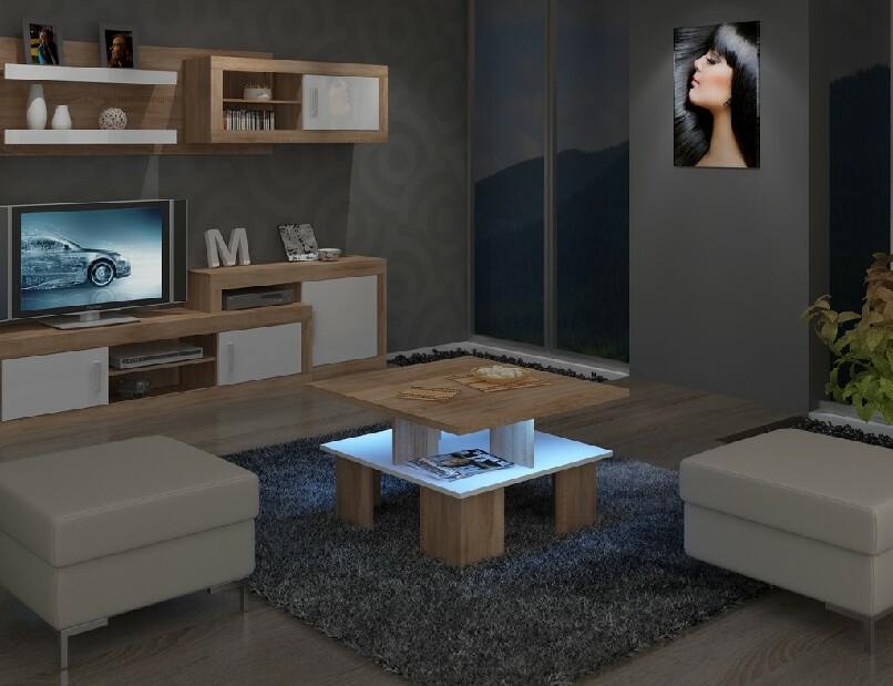 Konferenční stolek Sudbury 1 (sonoma světlá + lesk bílý) (s modrým LED osvetlením) *výprodej