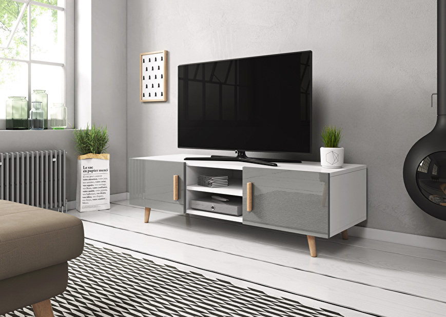 TV stolek/skříňka Sweden 2 (šedý lesk + bílá matná)