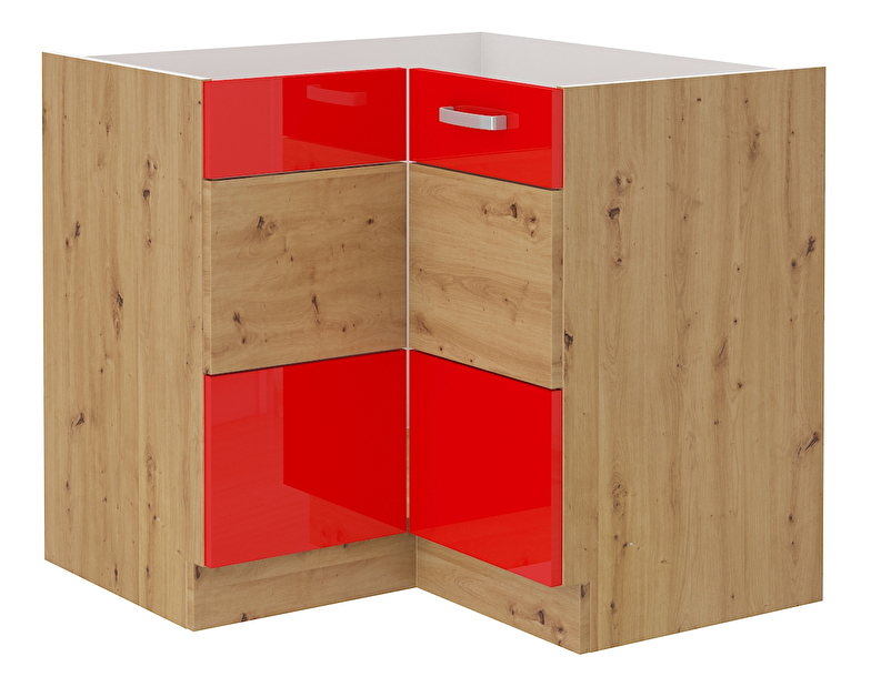 Rohová dolní kuchyňská skříňka Arryn 89x89 DN 1F BB (dub artisan + lesk červený)