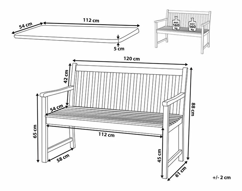 Zahradní lavice 120 cm VESTFOLD (dřevo) (béžový podsedák)