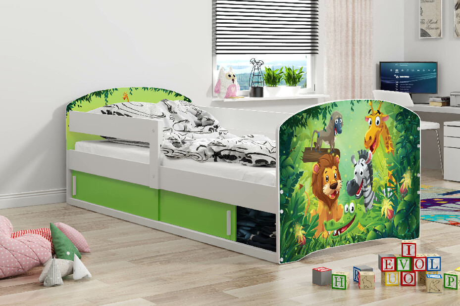 Dětská postel 80 x 160 cm Lukan (bílá + vzor jungle) (s roštem, matrací a úl. prostorem)