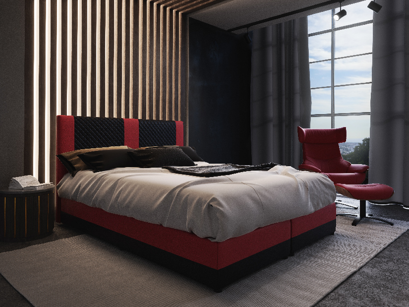 Kontinentální postel 140 cm Pecos Comfort (ekokůže + černá + červená) (s matrací a úložným prostorem)