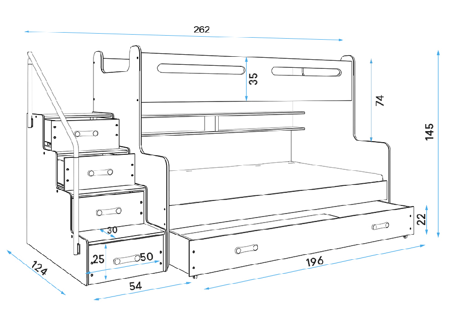 Patrová postel 120 x 200 cm Moxxo 3 (bílá + grafit) (s rošty, matracemi a úl. prostorem)