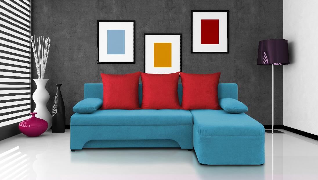 Rohová sedačka Saline modrá + červené polštáře (2 úložné prostory, pěna)