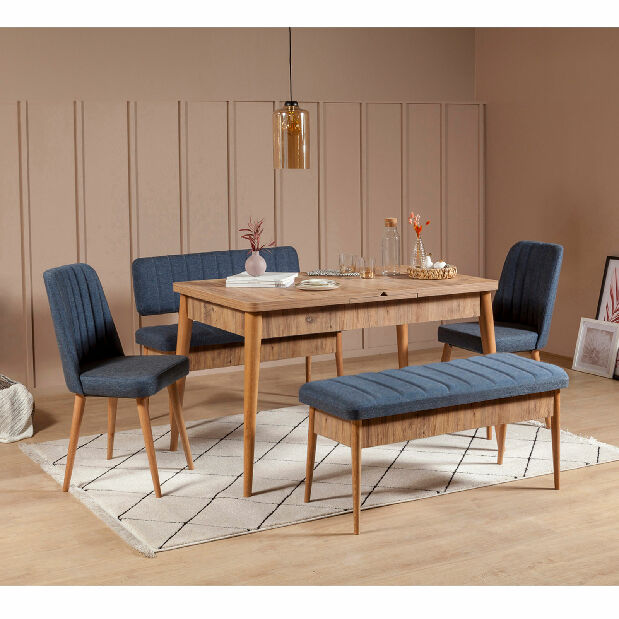 Rozkládací jídelní stůl se 2 židlemi a 2 lavicemi Vlasta (borovice antlantic + tmavě modrá)