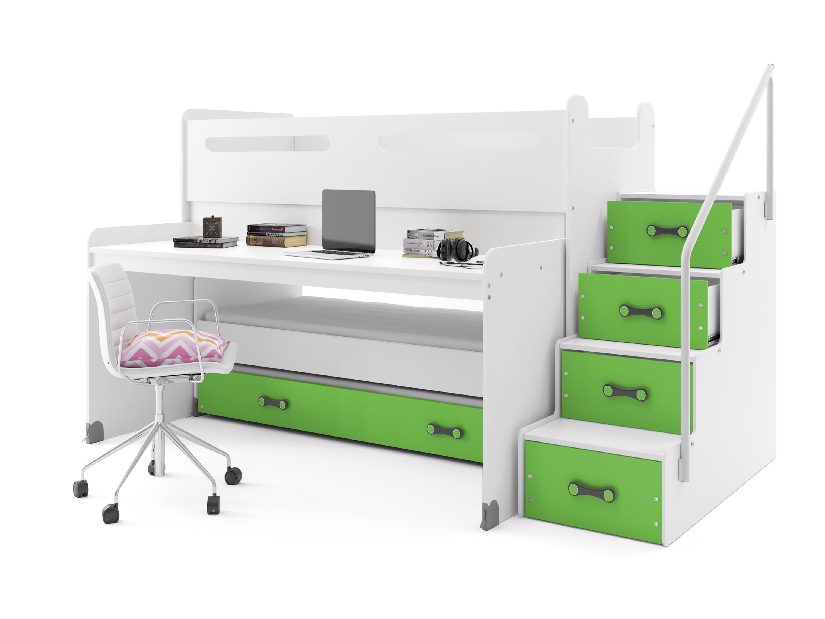Patrová postel 80 x 200 cm Moxxo 1 (bílá + zelená) (s rošty, matracemi a úl. prostorem)