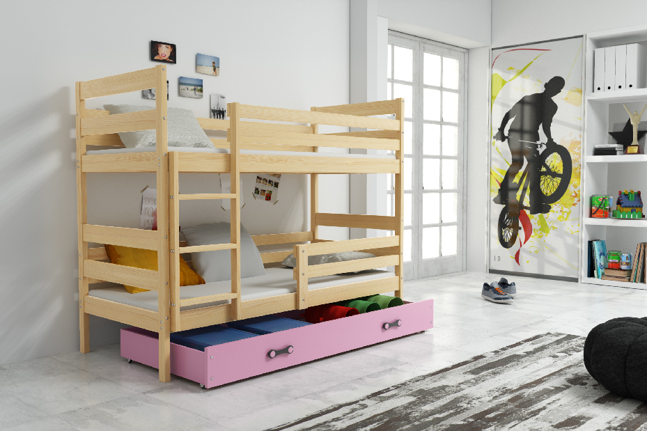 Patrová postel 80 x 190 cm Eril B (borovice + růžová) (s rošty, matracemi a úl. prostorem)