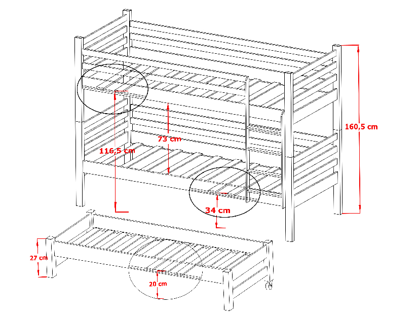 Dětská postel 80 cm TORI (s roštem a úl. prostorem) (grafit)