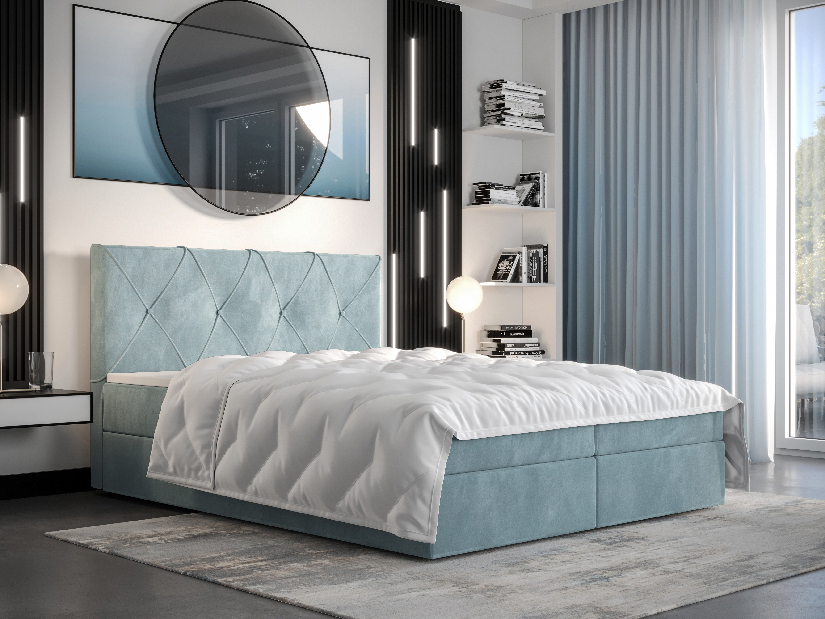 Manželská postel Boxspring 160 cm Athena (šedomodrá) (s matrací a úložným prostorem)