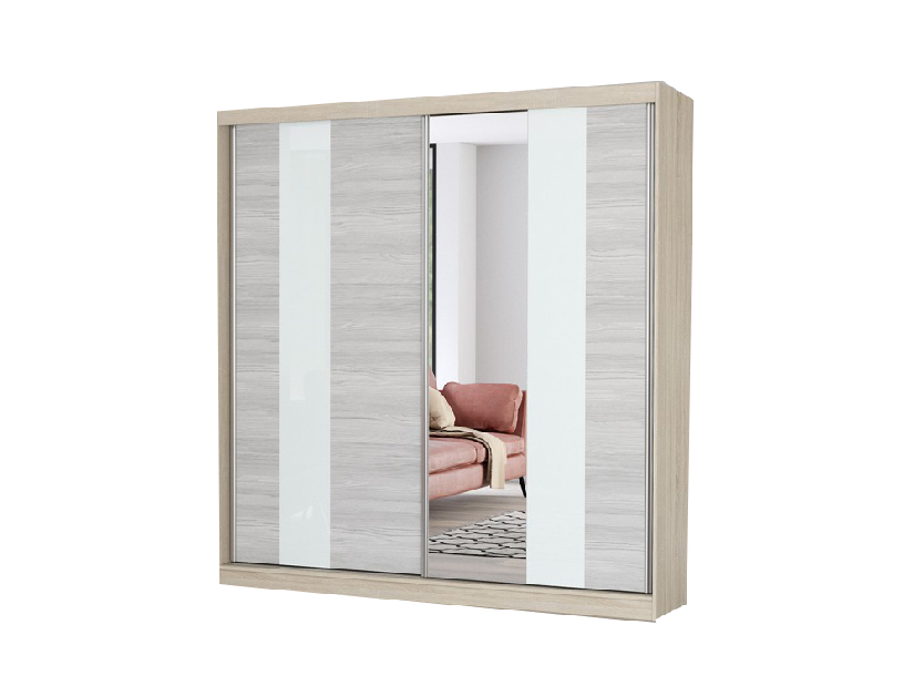 Šatní skříň Mebur 32 200 (dub sonoma + kathult + bílé sklo + zrcadlo)