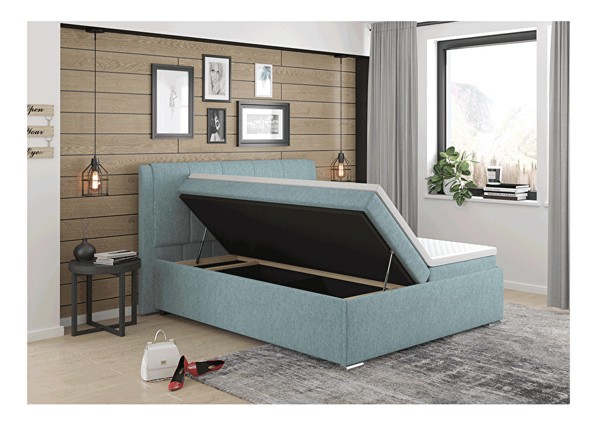 Manželská postel Boxspring 160 cm Larienna (mentolová) (s matrací a úl. prostorem)