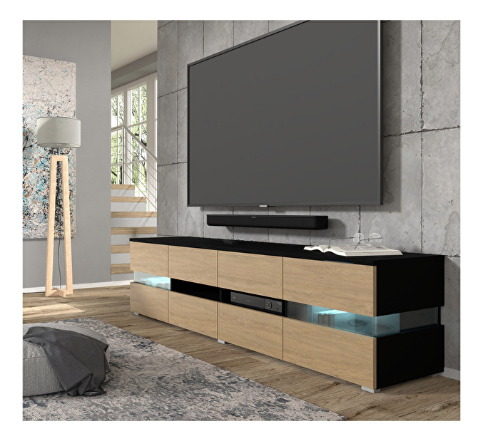 TV stolek/skříňka Vaimo (matná černá + dub kamenný) (s osvětlením)