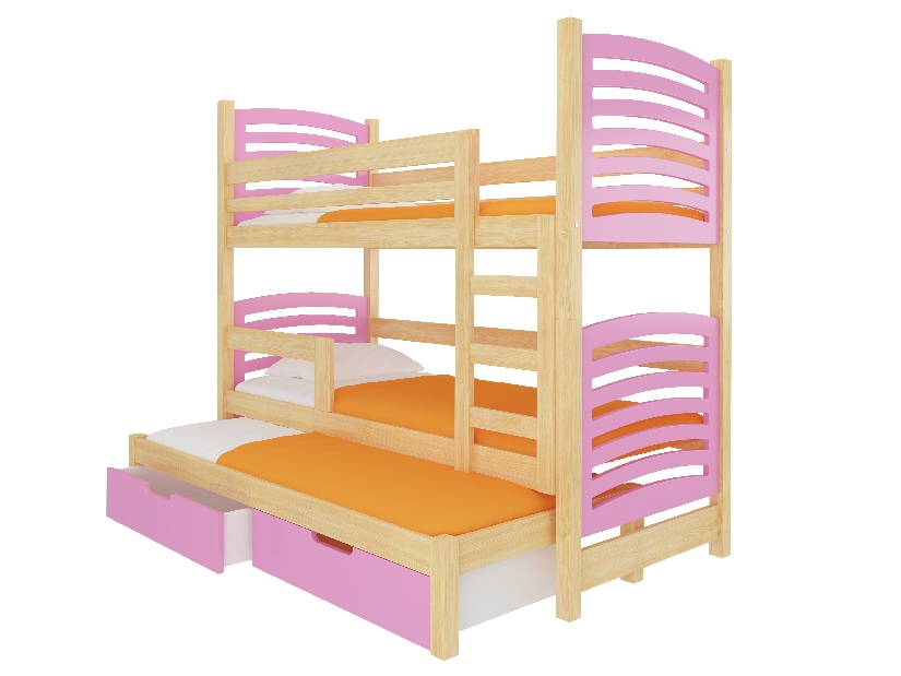 Patrová dětská postel 180x75 cm Stanislava (s roštem a matrací) (borovice + růžová)
