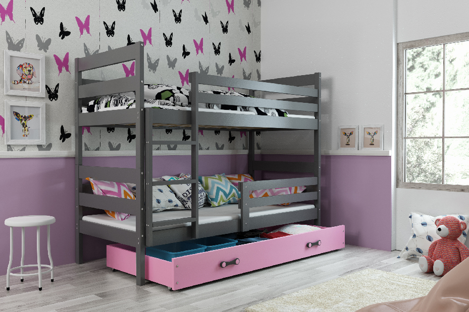 Patrová postel 80 x 160 cm Eril B (grafit + růžová) (s rošty, matracemi a úl. prostorem)