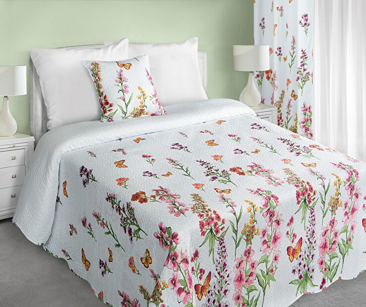 Přehoz na postel 240x220 cm Meadow (bílá + růžová + zelená)