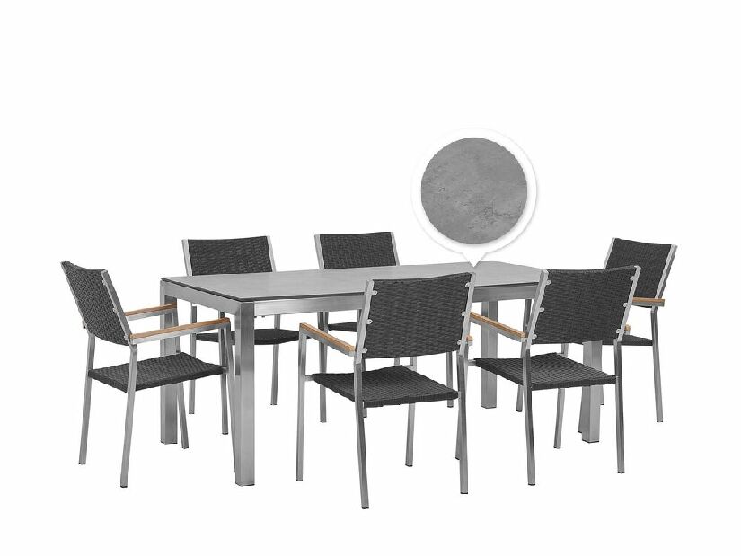 Zahradní set GROSSO (beton) (laminát HPL) (černé ratanové židle) (pro 6 osob)
