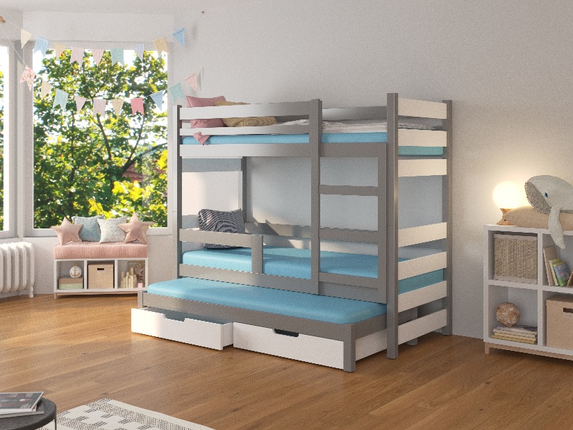 Patrová dětská postel 180x75 cm Karin (s roštem a matrací) (šedá + bílá)