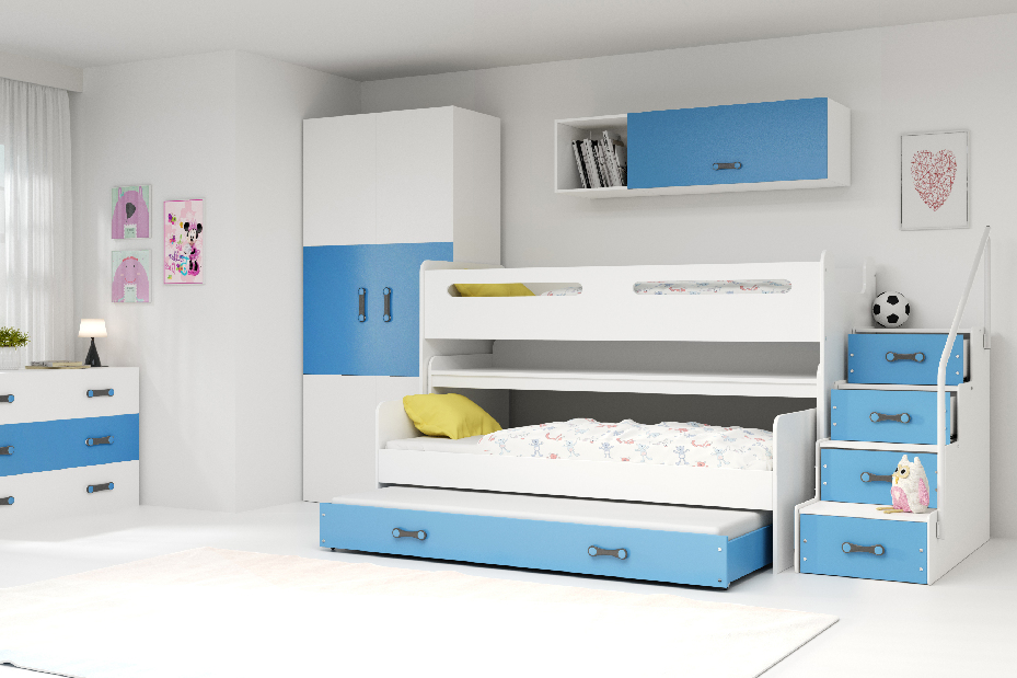 Patrová postel 80 x 200 cm Moxxo 1 (bílá + modrá) (s rošty, matracemi a úl. prostorem)