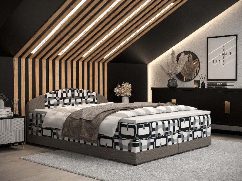 Manželská postel Boxspring 180 cm Orlando Comfort (vzor + světle hnědá) (s matrací a úložným prostorem)