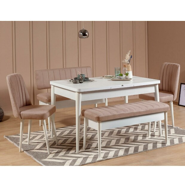 Rozkládací jídelní stůl se 2 židlemi a 2 lavicemi Vlasta (bílá + šedá)