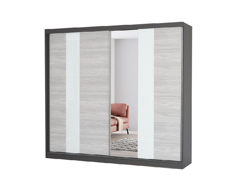 Šatní skříň Mebur 32 230 (grafit + kathult + bílé sklo + zrcadlo)