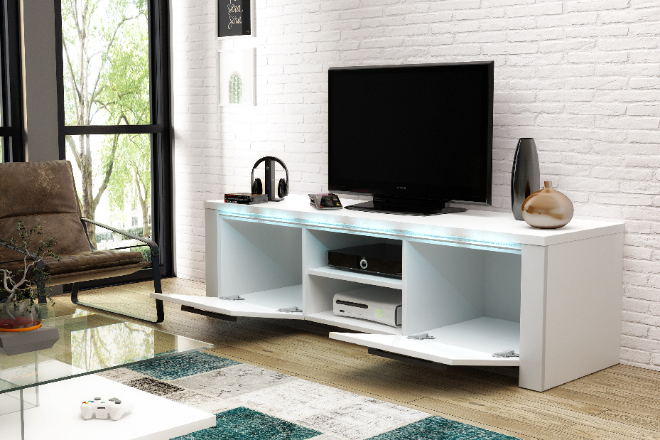 TV stolek/skříňka Marilee (bílá matná + šedý lesk)