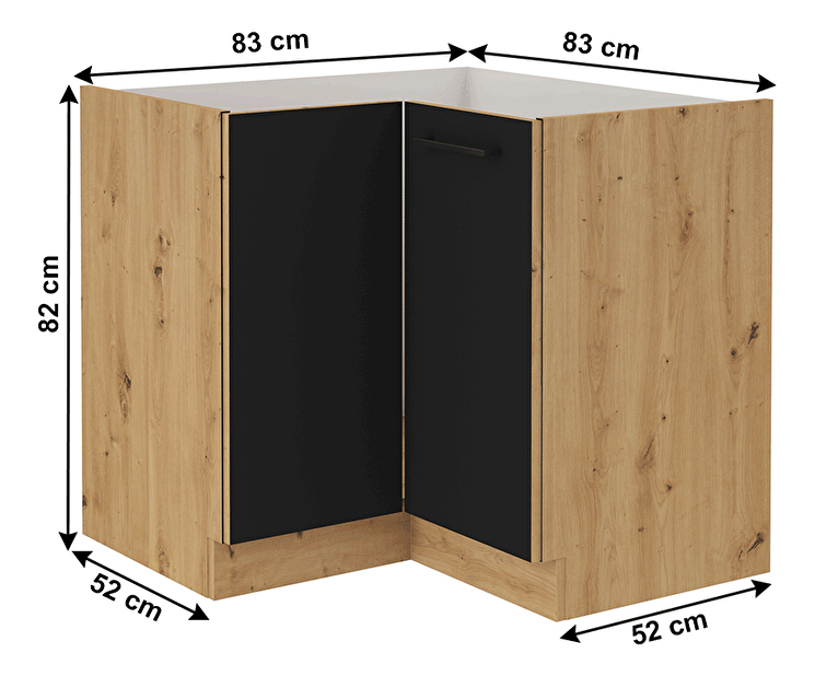 Rohová dolní kuchyňská skříňka Meriel 90/90 DN 1F BB (černá + dub artisan)