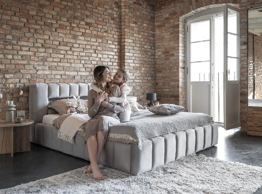 Manželská postel 160 cm Luxa (světle šedá) (s roštem, úl. prostorem a LED)