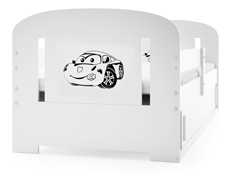 Dětská postel 80 cm Fimmo (bílá + auto) (s roštem, matrací a úl. prostorem)