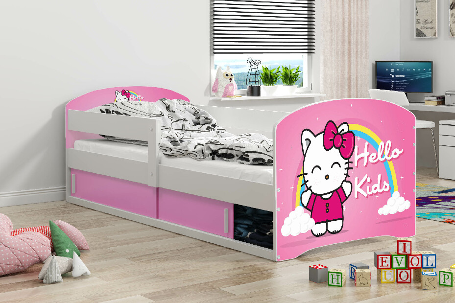 Dětská postel 80 x 160 cm Lukan (bílá + vzor hello kids) (s roštem, matrací a úl. prostorem)