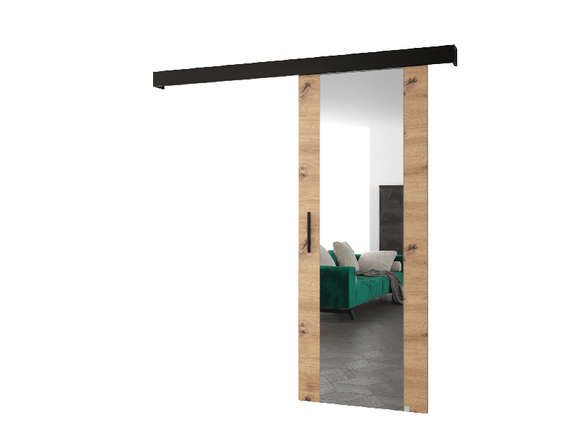 Posuvné dveře 90 cm Sharlene II (dub artisan + černá matná + černá) (se zrcadlem)
