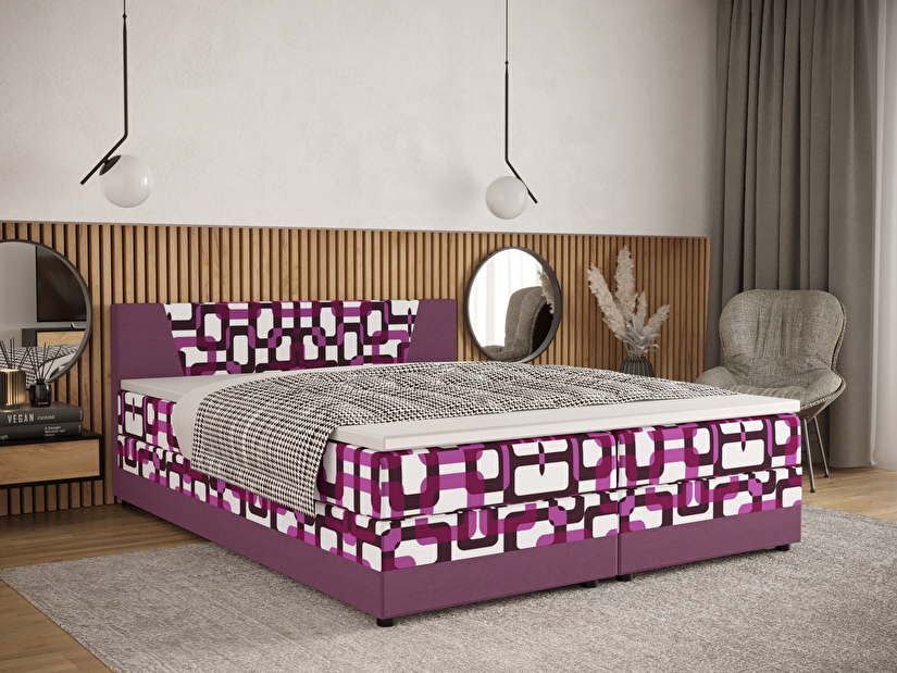 Manželská postel Boxspring 140 cm Linda (vzor + fialová) (s matrací a úložným prostorem)