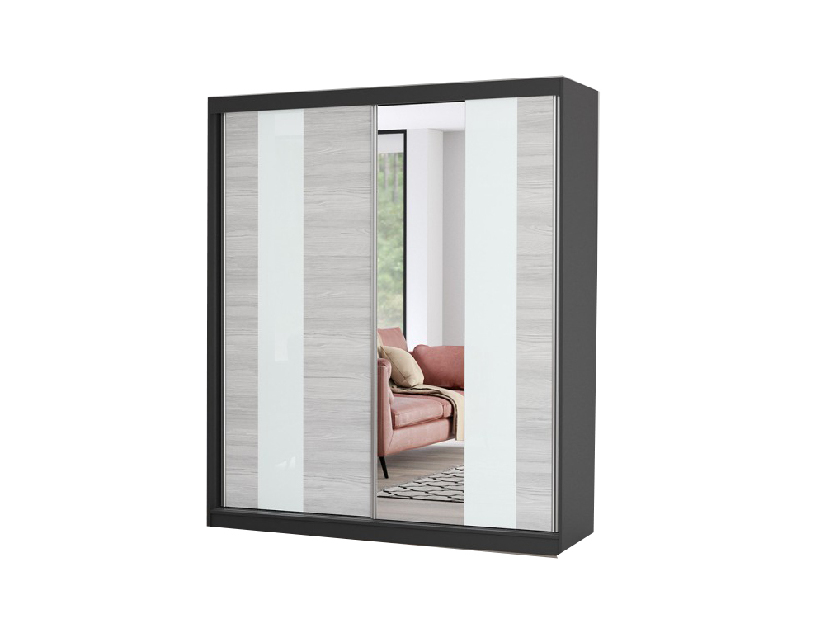 Šatní skříň Mebur 32 180 (černá + kathult + bílé sklo + zrcadlo)