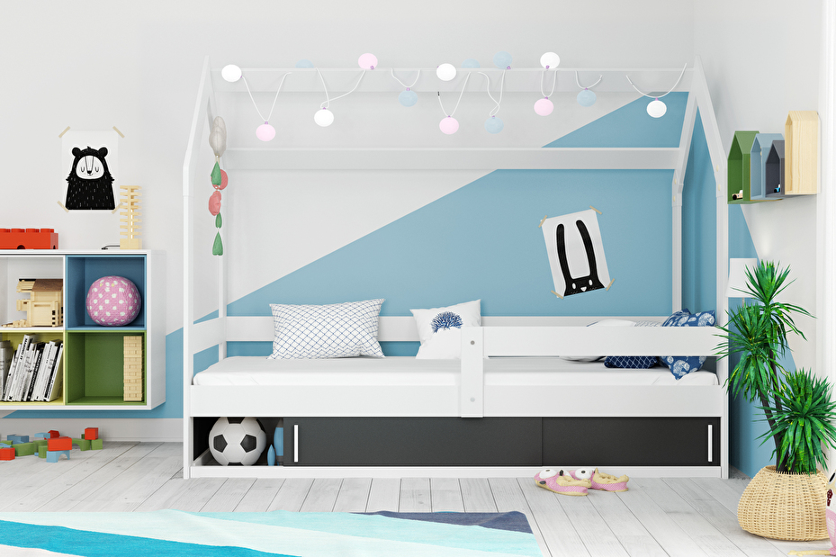 Dětská postel 80 cm Dormo (bílá + černá) (s roštem, matrací a úl. prostorem)