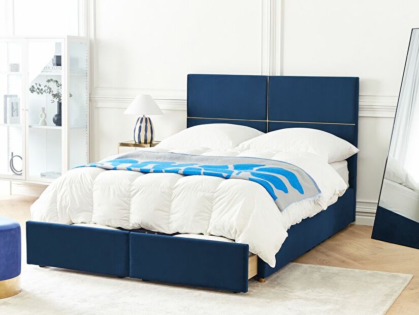 Manželská postel 140 cm Vissarion (modrá) (s roštem a úložným prostorem)