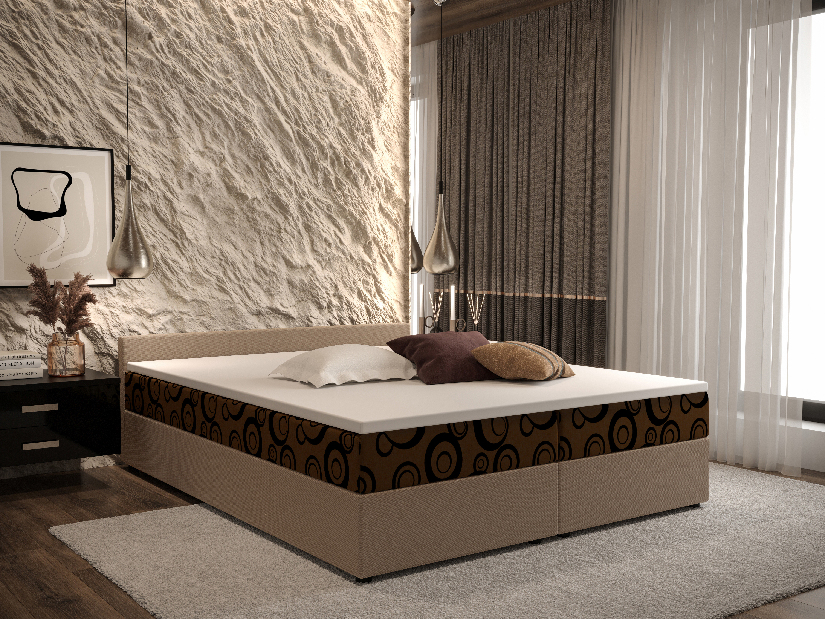 Manželská postel Boxspring 140 cm Ceren (vzor + světle hnědá) (s matrací a úložným prostorem)