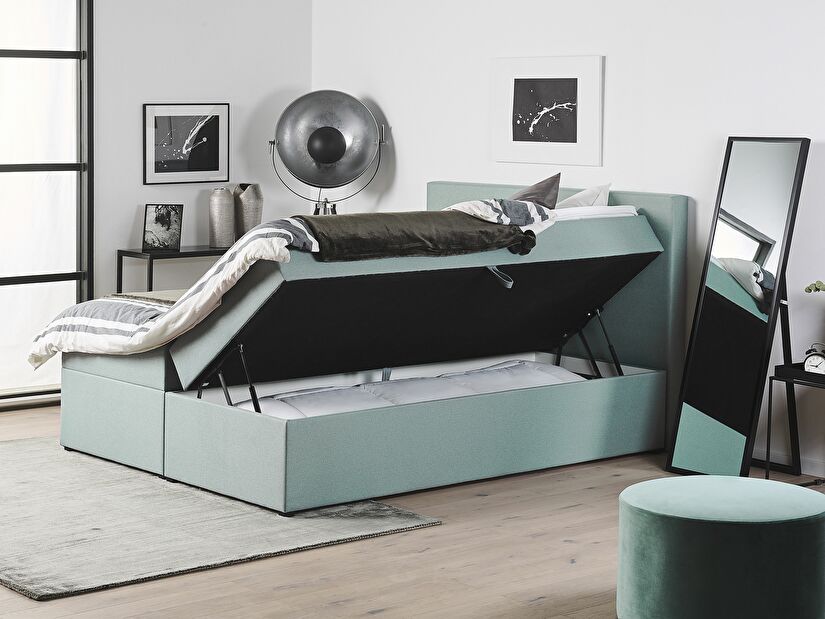 Manželská postel Boxspring 160 cm SENNOR (s matracemi a úl. prostorem) (světle zelená)