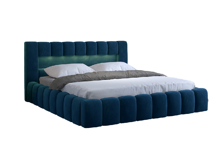 Manželská postel 160 cm Luxa (tmavě modrá) (s roštem, úl. prostorem a LED)