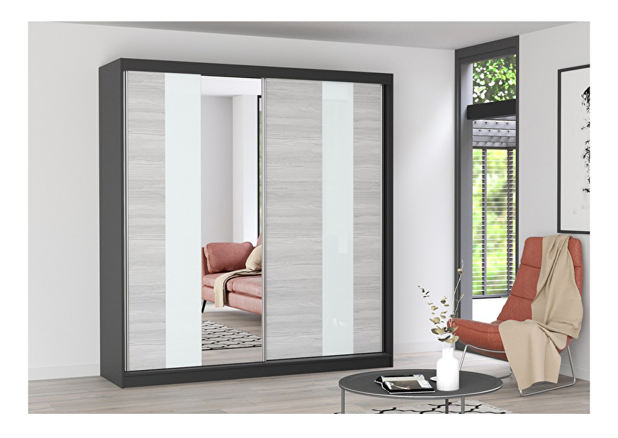 Šatní skříň Mebur 32 200 (černá + kathult + bílé sklo + zrcadlo)