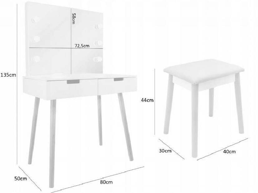 Toaletní stolek s taburetkou Omiko (s LED osvětlením) (bílá + béžová)