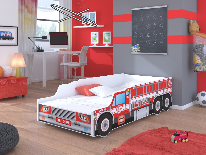 Dětská postel 140x70 cm Požárník (s roštem a matrací) (červená)