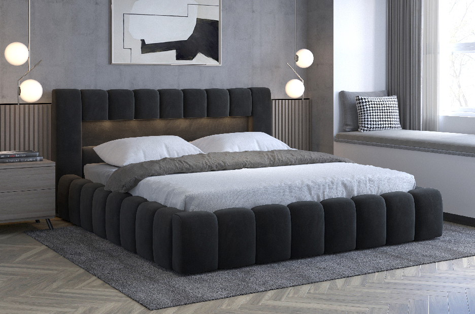 Manželská postel 180 cm Luxa (antracit) (s roštem, úl. prostorem a LED)