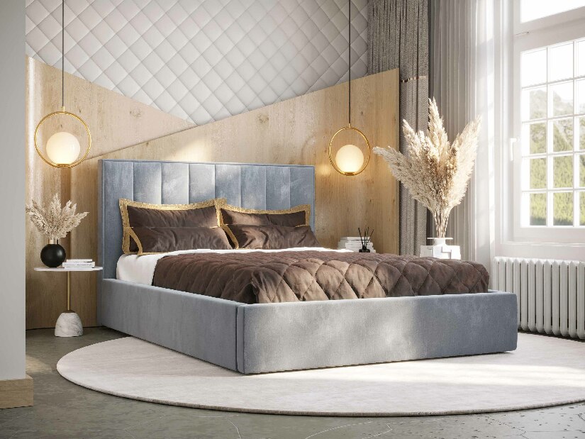Manželská postel 140 cm Ocie (světle modrá) (s roštem a úložným prostorem)