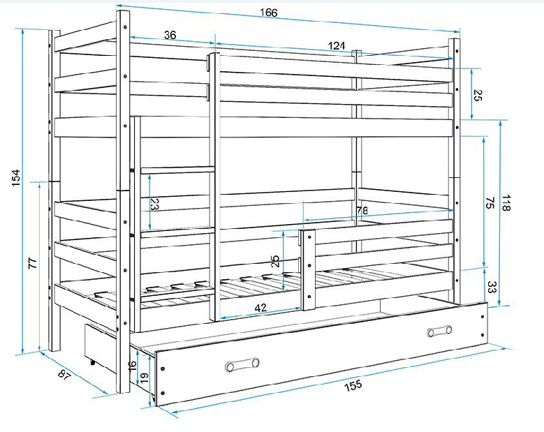 Patrová postel 80 x 160 cm Eril B (bílá + grafit) (s rošty, matracemi a úl. prostorem)
